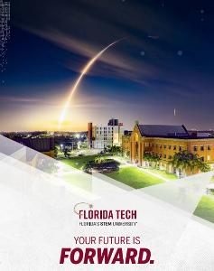 Nighttime aerial view of Florida Tech campus with words 