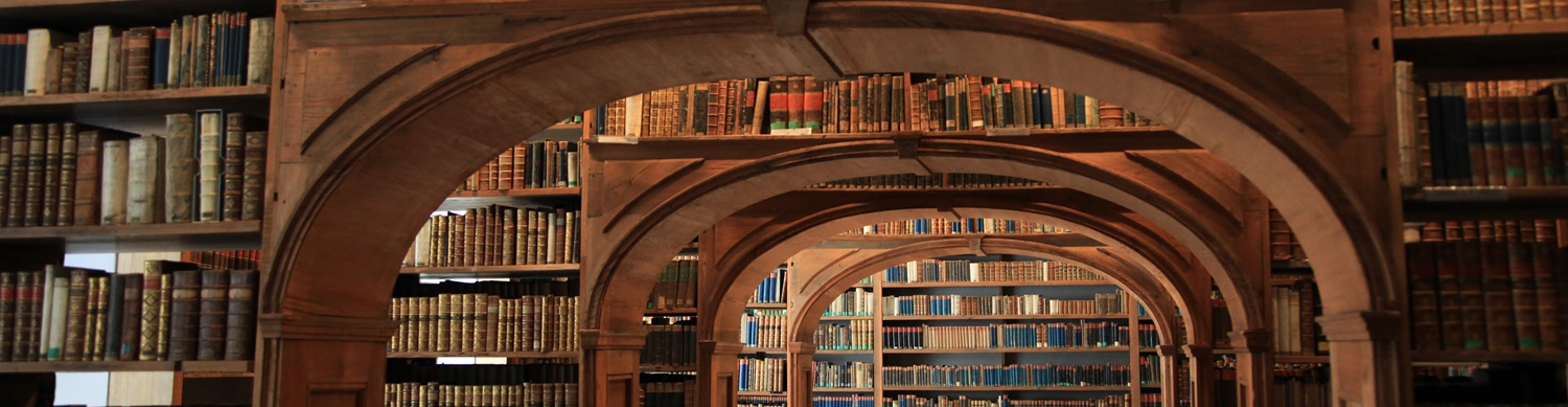 Shelves of books in historic library