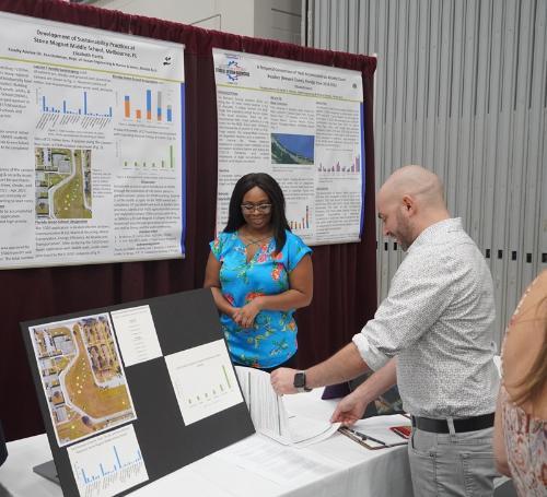 A sustainability student presents her research project at the student design showcase